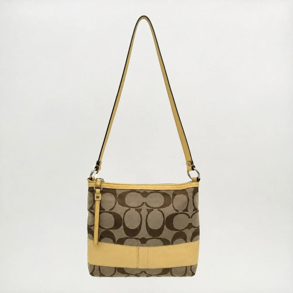 COACH Signature Khaki Canvas Logo CC Yellow Stripe Crossbody Bag  Y2K #F13674